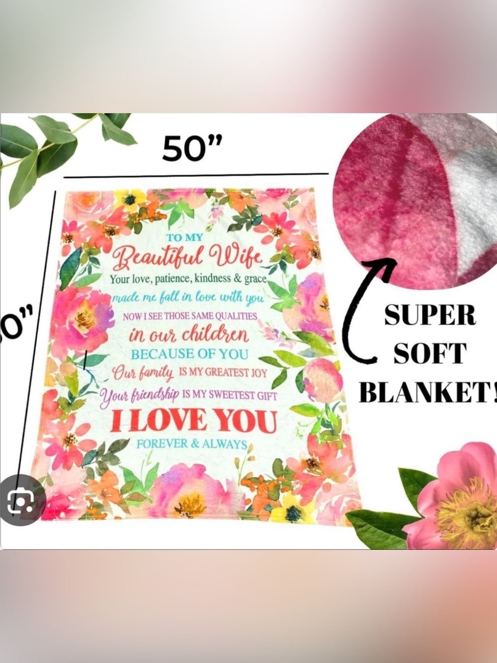 NWT Floral 'I Love You' Wife Blanket - Pink & Multicolor